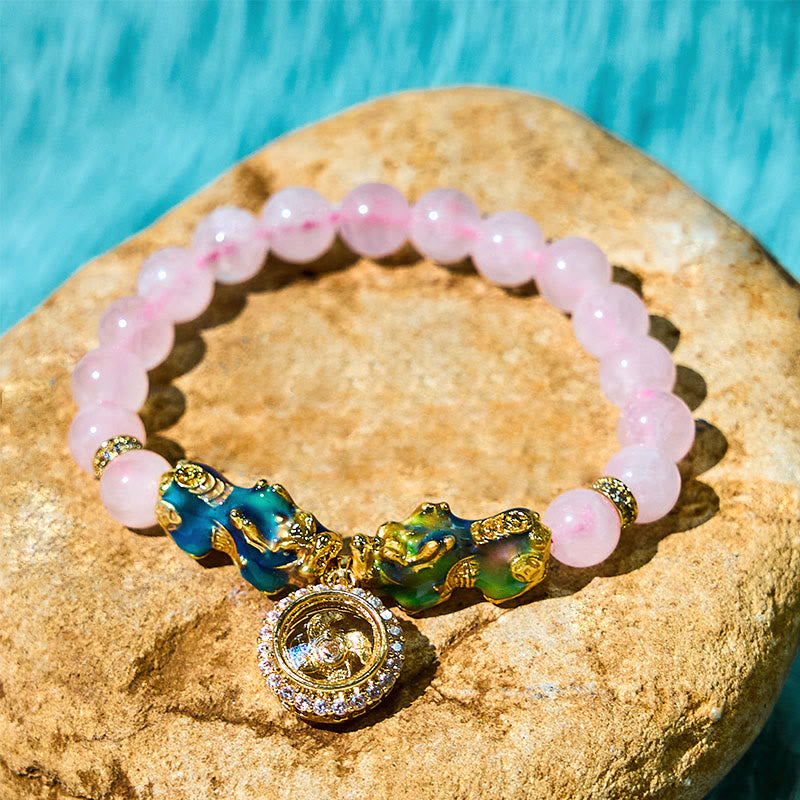 Double Pixiu Rose Quartz Color-Change Copper Charm Bracelet
