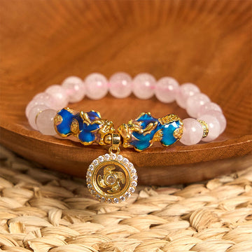 Double Pixiu Rose Quartz Color-Change Copper Charm Bracelet