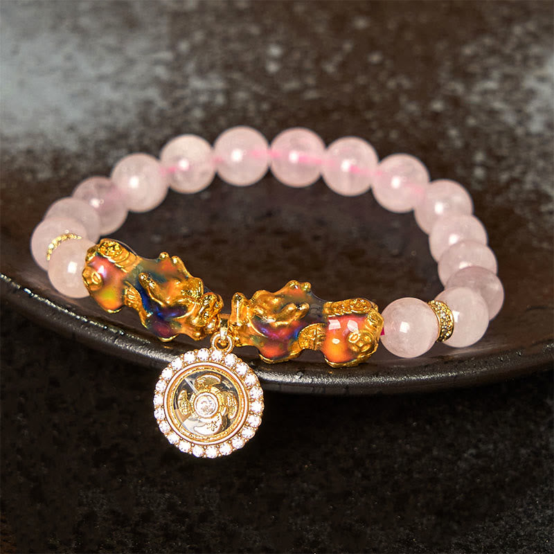 Double Pixiu Rose Quartz Color-Change Copper Charm Bracelet
