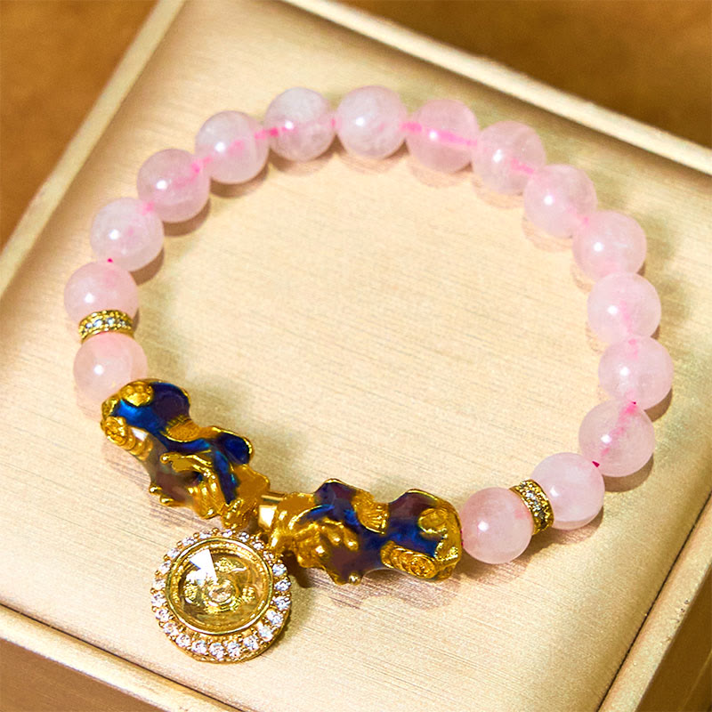 Double Pixiu Rose Quartz Color-Change Copper Charm Bracelet