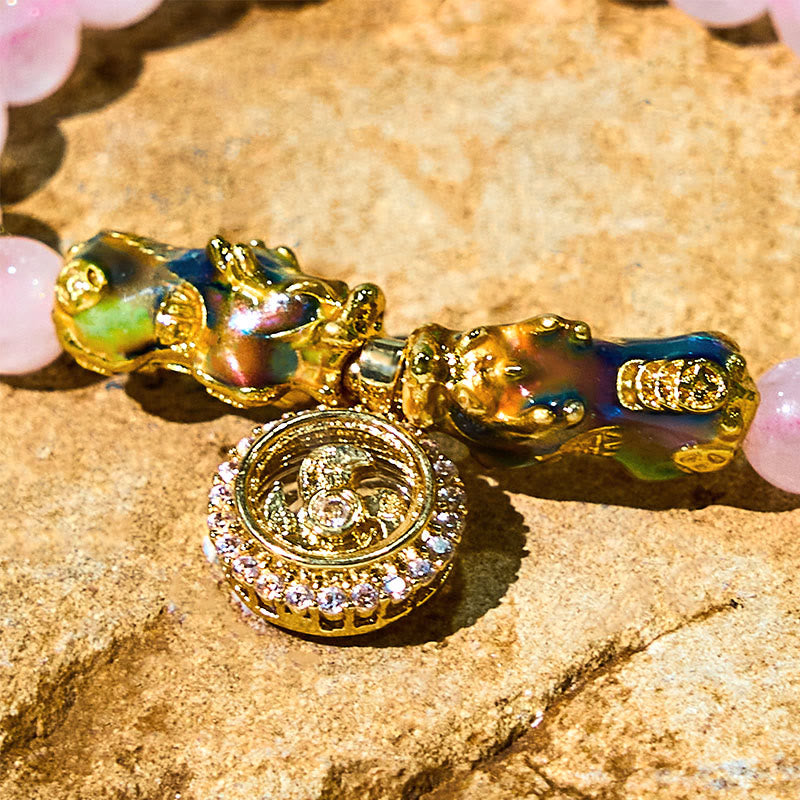 Double Pixiu Rose Quartz Color-Change Copper Charm Bracelet