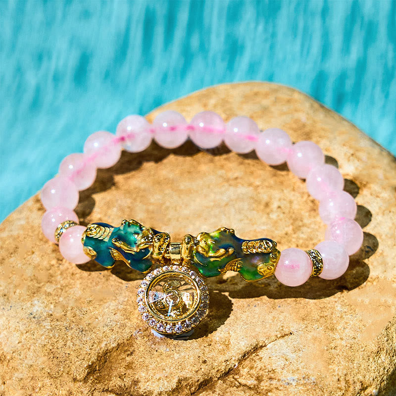 Double Pixiu Rose Quartz Color-Change Copper Charm Bracelet