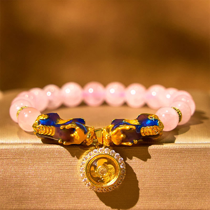 Double Pixiu Rose Quartz Color-Change Copper Charm Bracelet