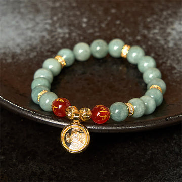 Natural Green Jade and Gold-Plated Copper Om Mani Padme Hum Cyclone Charm Beaded Bracelet
