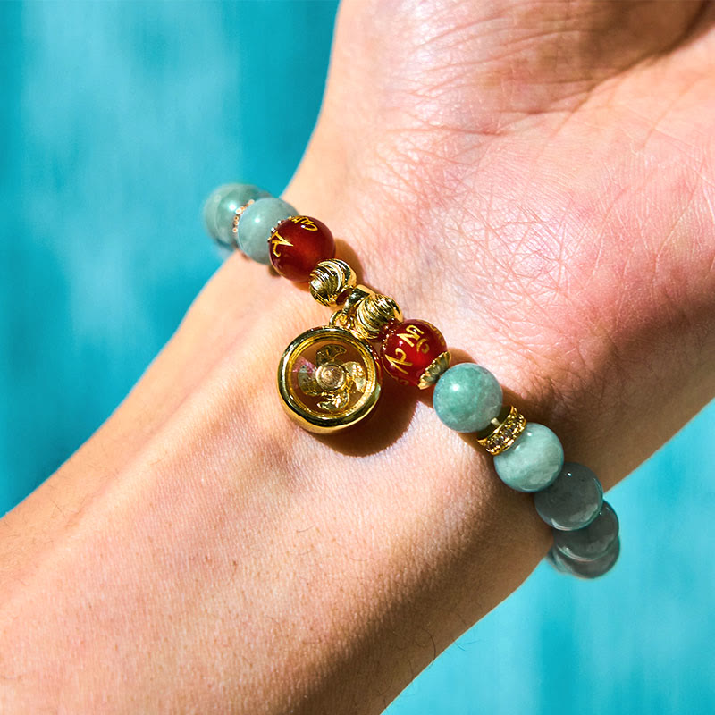 Natural Green Jade and Gold-Plated Copper Om Mani Padme Hum Cyclone Charm Beaded Bracelet