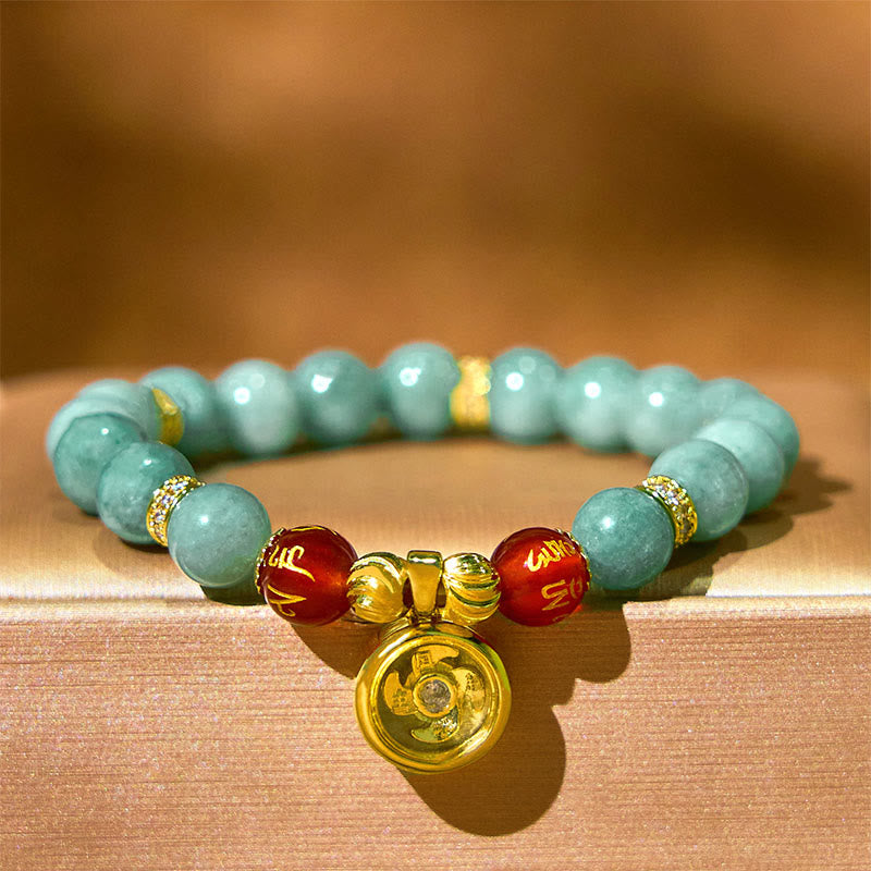 Natural Green Jade and Gold-Plated Copper Om Mani Padme Hum Cyclone Charm Beaded Bracelet