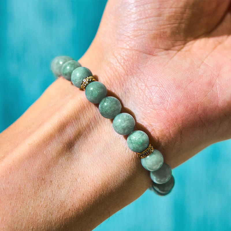 Natural Green Jade and Gold-Plated Copper Om Mani Padme Hum Cyclone Charm Beaded Bracelet