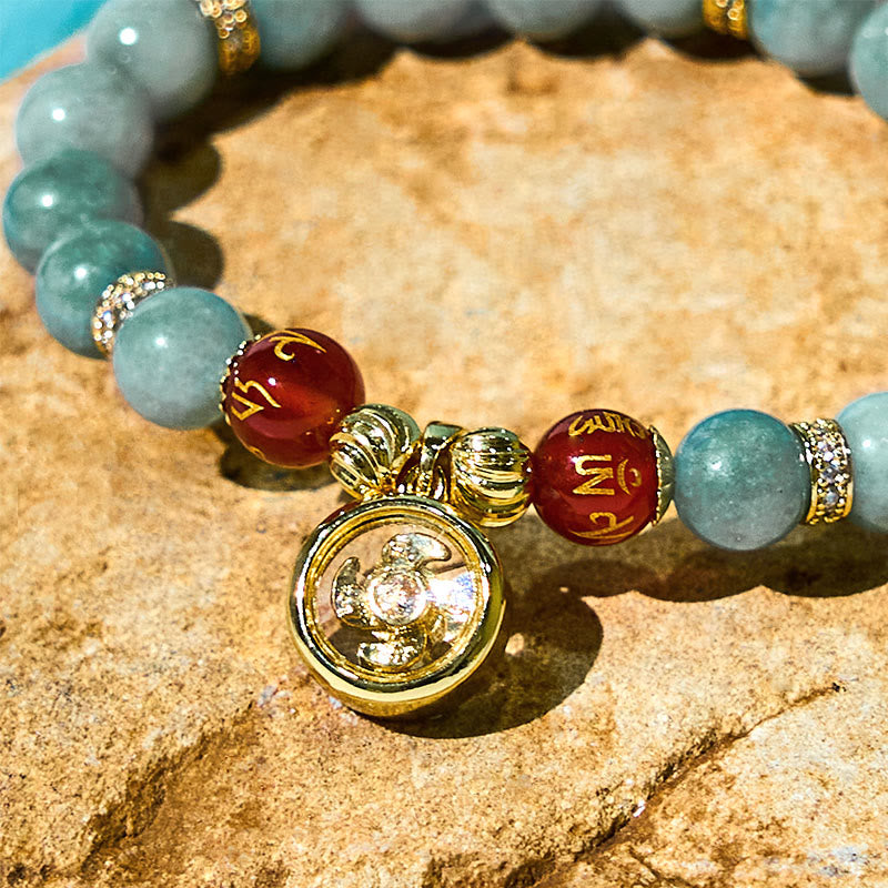 Natural Green Jade and Gold-Plated Copper Om Mani Padme Hum Cyclone Charm Beaded Bracelet