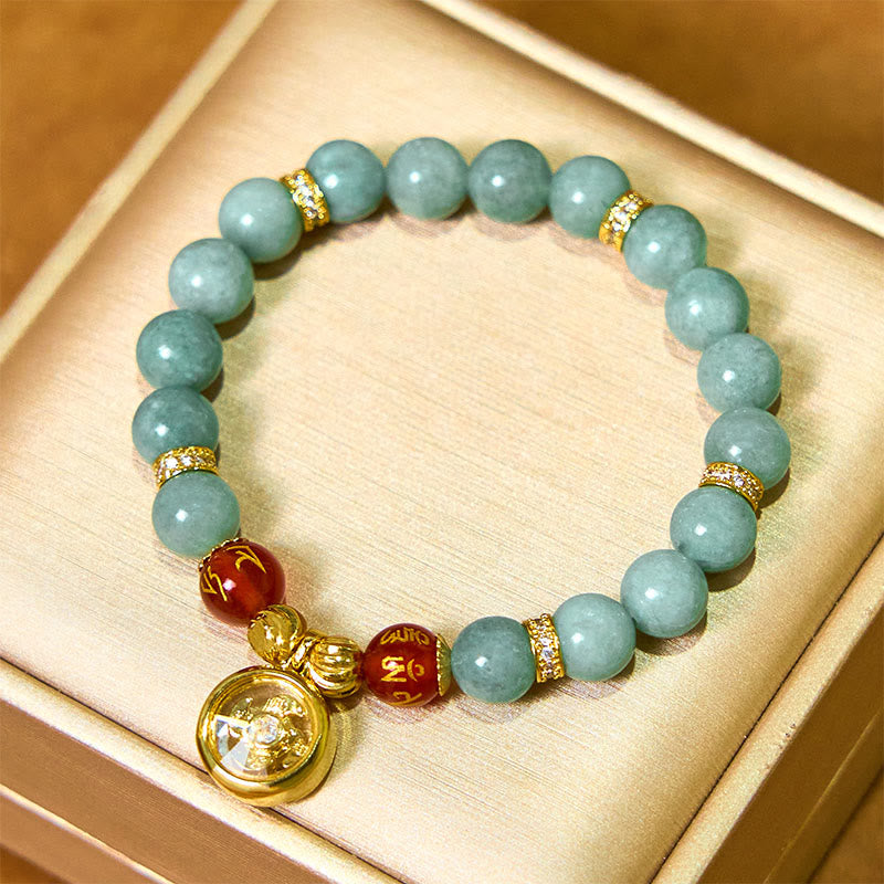 Natural Green Jade and Gold-Plated Copper Om Mani Padme Hum Cyclone Charm Beaded Bracelet