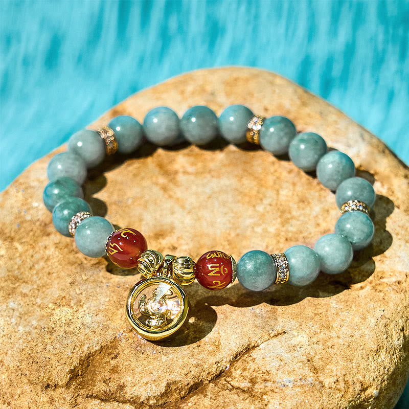 Natural Green Jade and Gold-Plated Copper Om Mani Padme Hum Cyclone Charm Beaded Bracelet