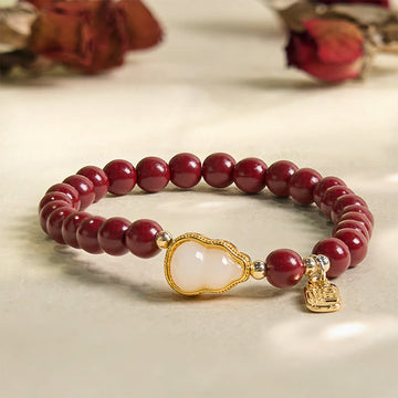 Cinnabar and Jade Wu Lou Gourd Fu Character Charm Blessing Bracelet