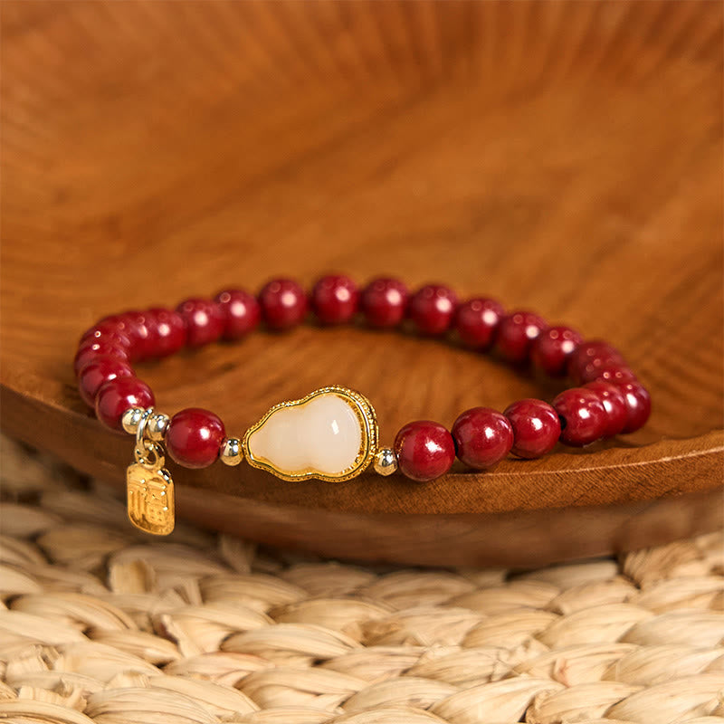 Cinnabar and Jade Wu Lou Gourd Fu Character Charm Blessing Bracelet