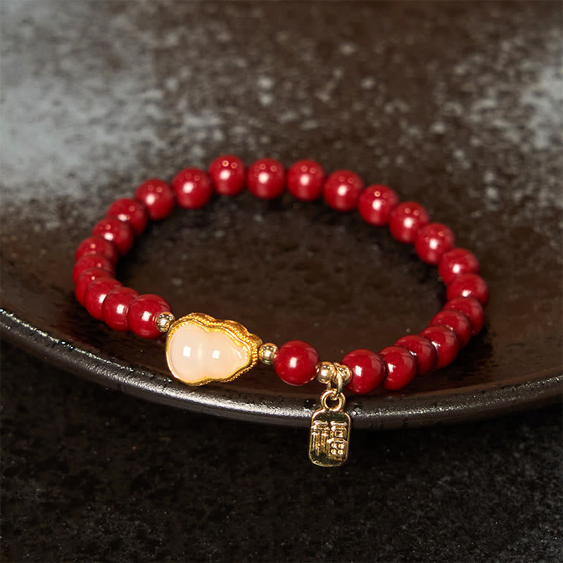 Cinnabar and Jade Wu Lou Gourd Fu Character Charm Blessing Bracelet