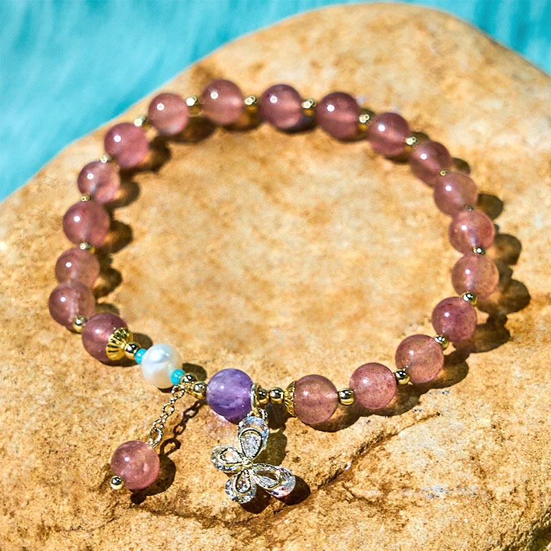 Handmade Strawberry Quartz and Pearl Butterfly Charm Beaded Bracelet
