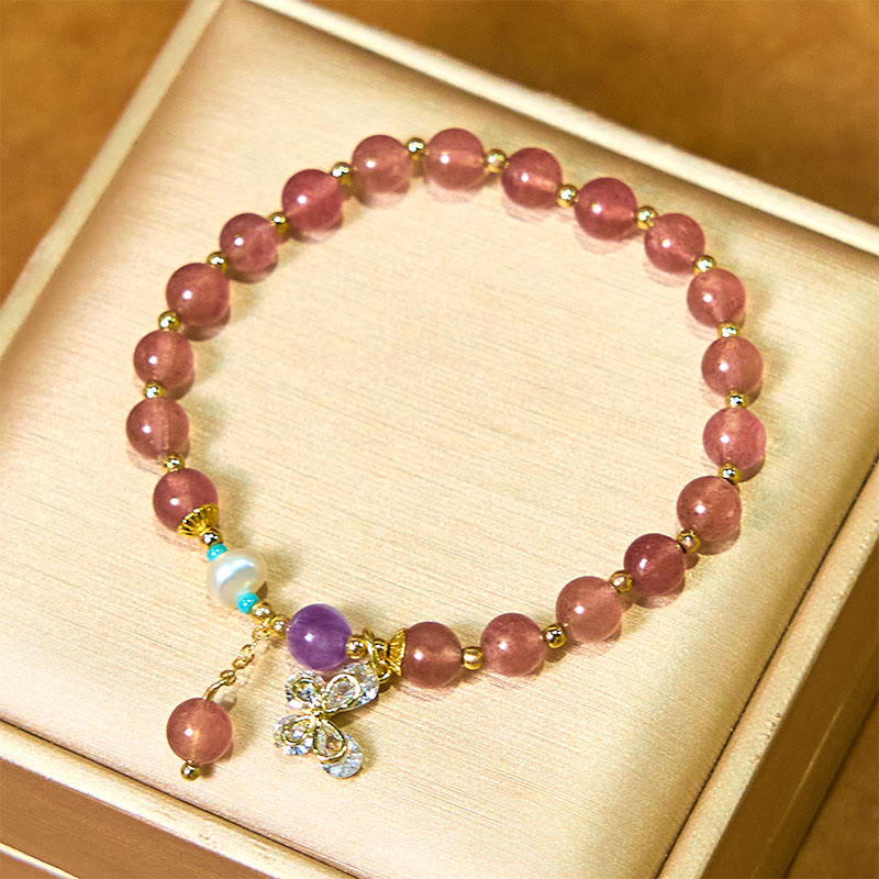 Handmade Strawberry Quartz and Pearl Butterfly Charm Beaded Bracelet