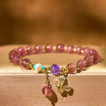 Handmade Strawberry Quartz and Pearl Butterfly Charm Beaded Bracelet