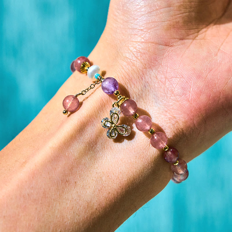 Handmade Strawberry Quartz and Pearl Butterfly Charm Beaded Bracelet