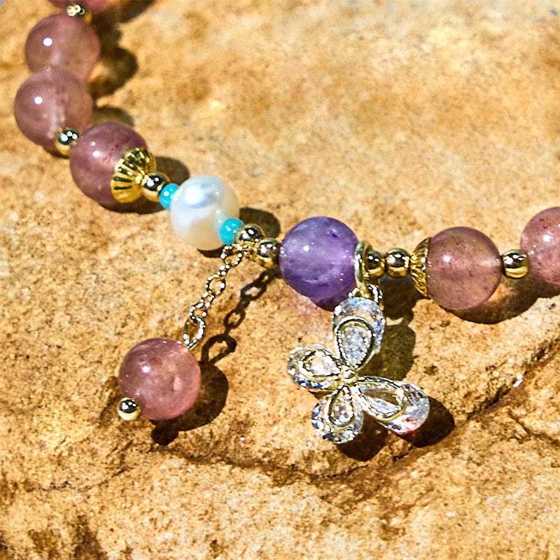 Handmade Strawberry Quartz and Pearl Butterfly Charm Beaded Bracelet