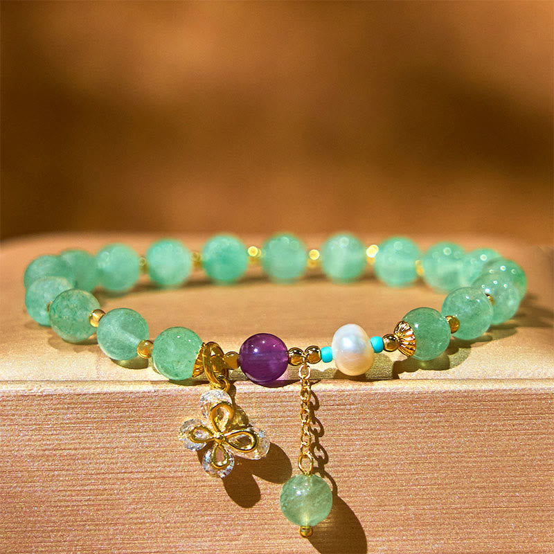 Handmade Strawberry Quartz and Pearl Butterfly Charm Beaded Bracelet