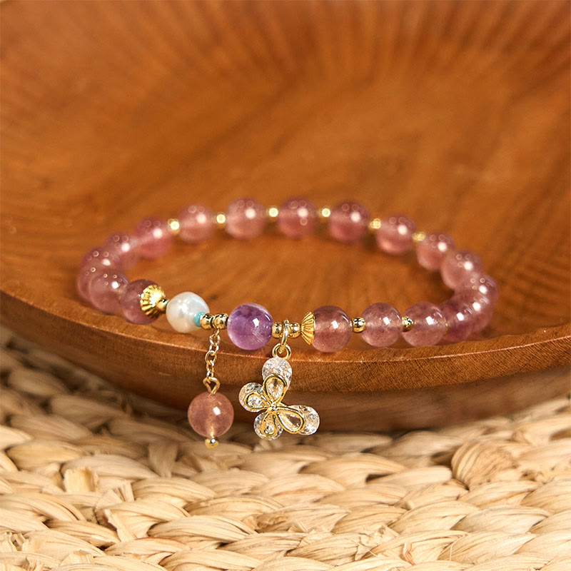 Handmade Strawberry Quartz and Pearl Butterfly Charm Beaded Bracelet