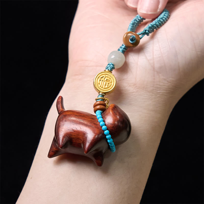 Hetian Jade Natural Sandalwood Red Sandalwood Green Sandalwood Fu Character Abundance Key Chain