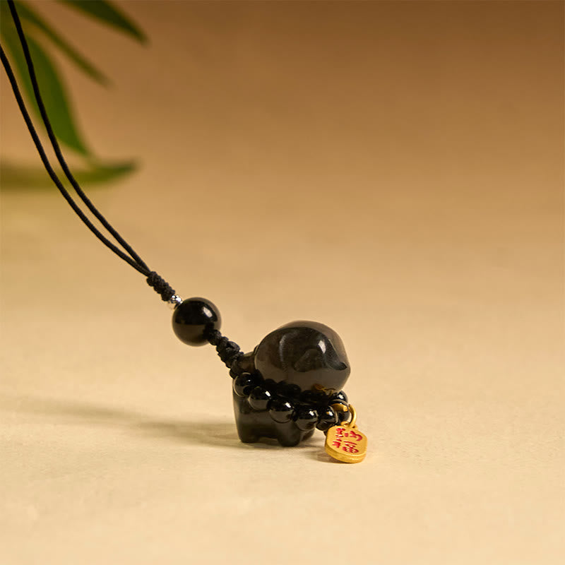 Silver Sheen Obsidian Puppy Dog Fu Character Protection Necklace Phone Hanging Decoration