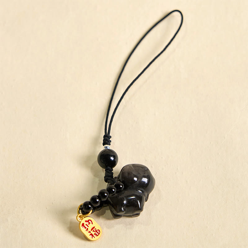 Silver Sheen Obsidian Puppy Dog Fu Character Protection Necklace Phone Hanging Decoration