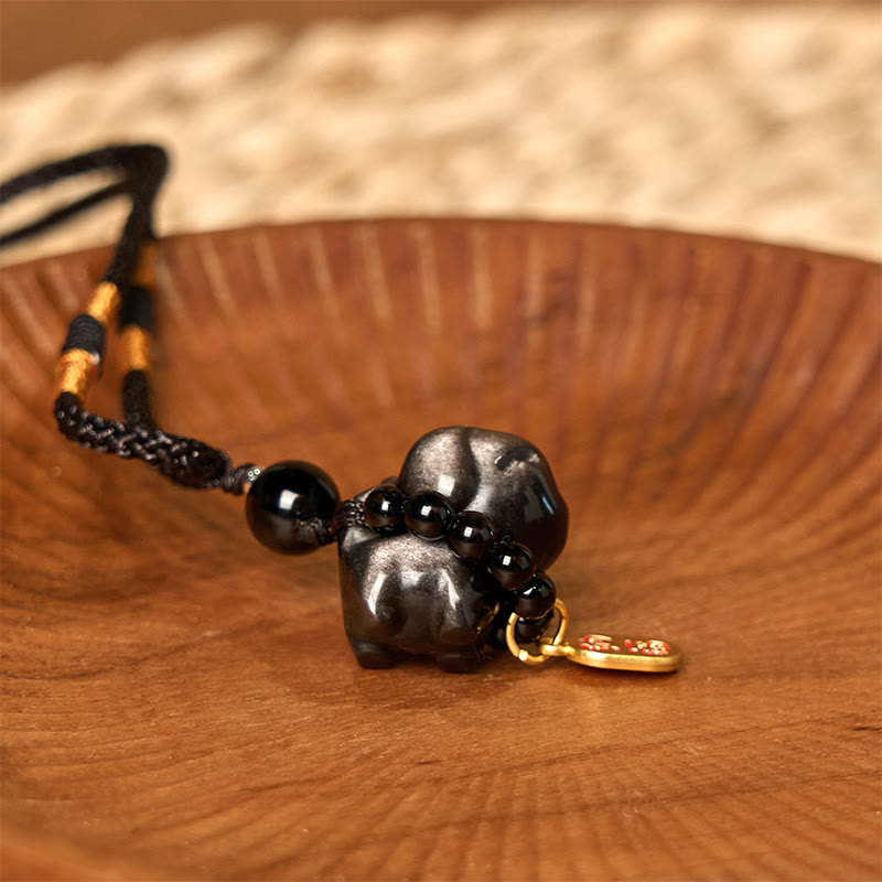 Silver Sheen Obsidian Puppy Dog Fu Character Protection Necklace Phone Hanging Decoration