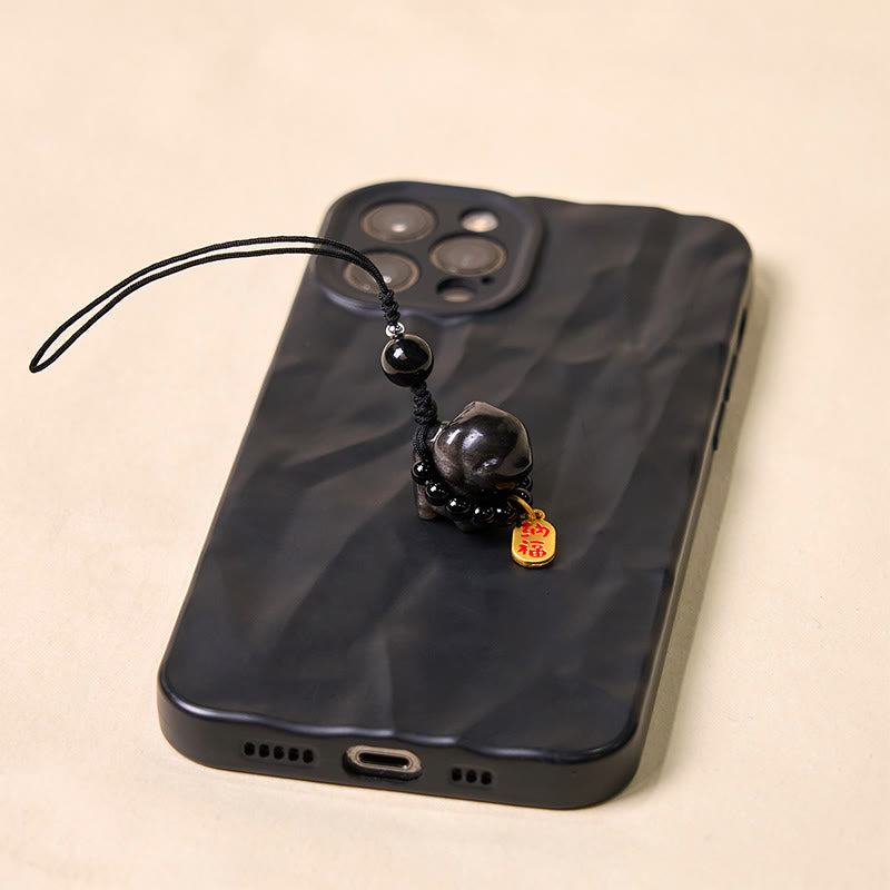 Silver Sheen Obsidian Puppy Dog Fu Character Protection Necklace Phone Hanging Decoration