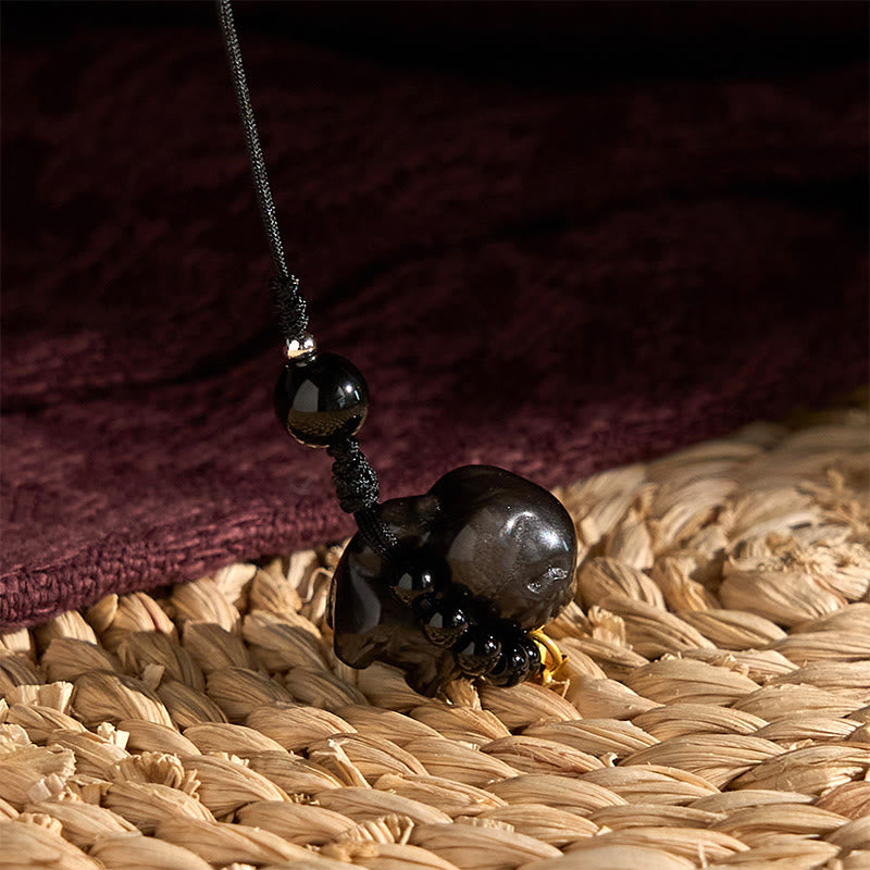 Silver Sheen Obsidian Puppy Dog Fu Character Protection Necklace Phone Hanging Decoration