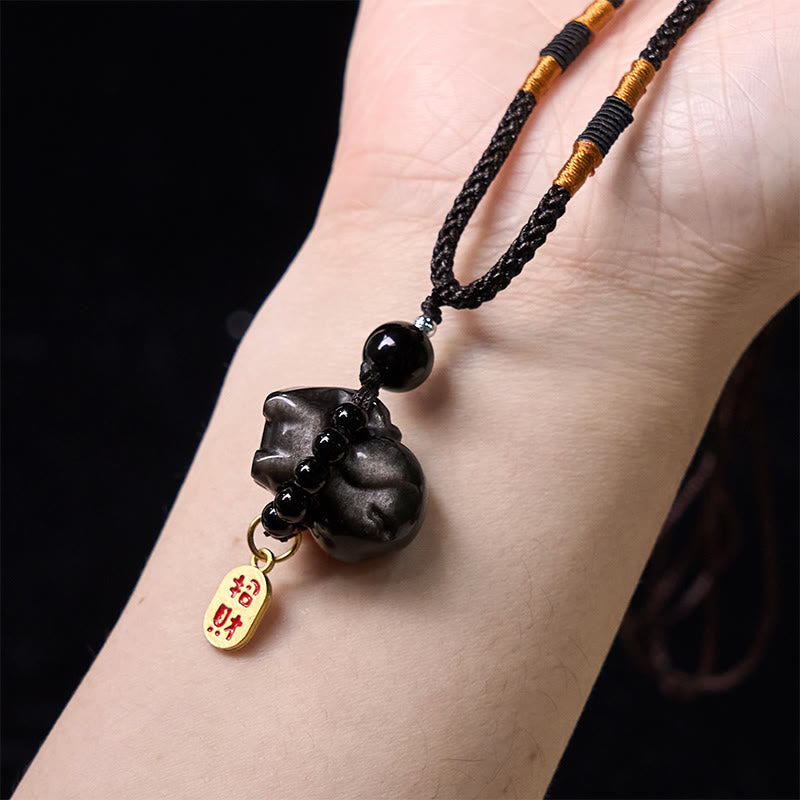 Silver Sheen Obsidian Puppy Dog Fu Character Protection Necklace Phone Hanging Decoration