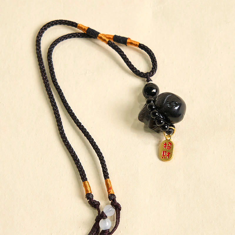 Silver Sheen Obsidian Puppy Dog Fu Character Protection Necklace Phone Hanging Decoration