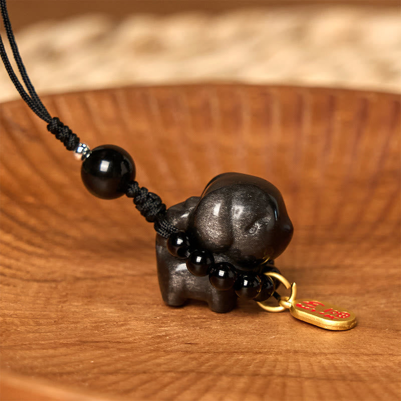 Silver Sheen Obsidian Puppy Dog Fu Character Protection Necklace Phone Hanging Decoration