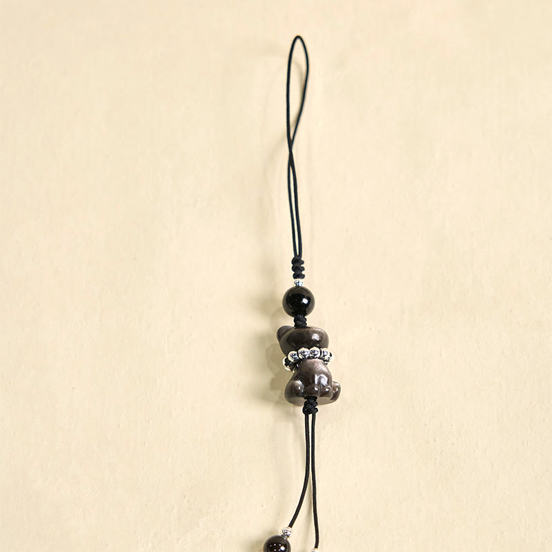 Natural Silver Sheen Obsidian Kitten Cat Phone Charm | Energetic Anchor