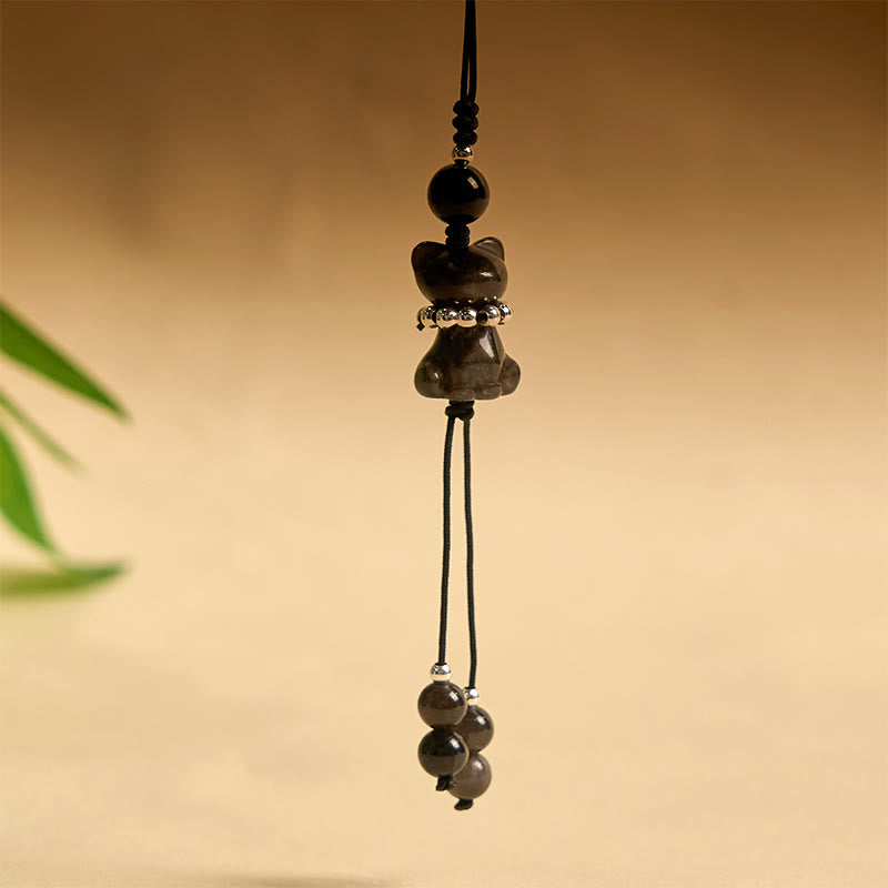 Natural Silver Sheen Obsidian Kitten Cat Phone Charm | Energetic Anchor