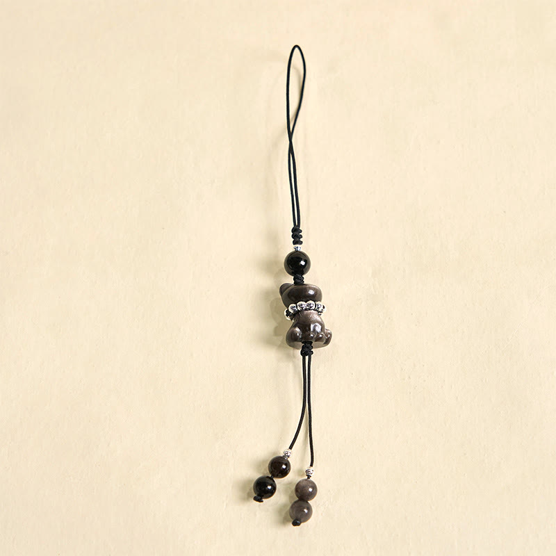 Natural Silver Sheen Obsidian Kitten Cat Phone Charm | Energetic Anchor