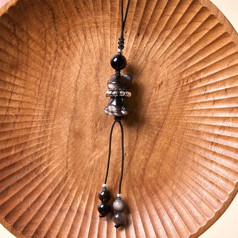 Natural Silver Sheen Obsidian Kitten Cat Phone Charm | Energetic Anchor