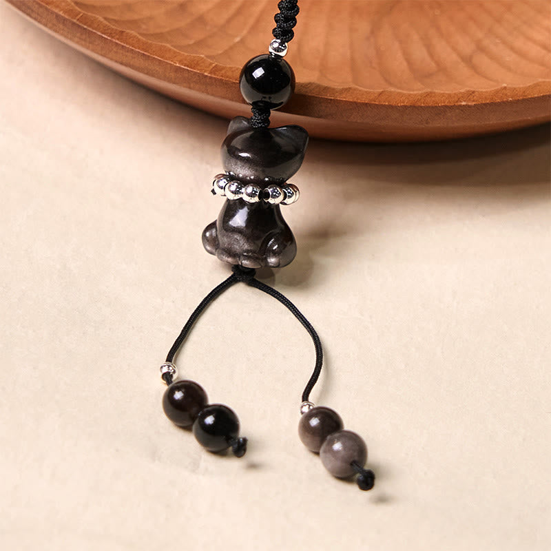 Natural Silver Sheen Obsidian Kitten Cat Phone Charm | Energetic Anchor