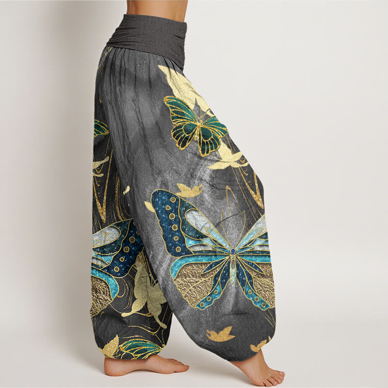 Cotton Casual Butterfly Gold Line Pattern Women's Elastic Waist Harem Pants