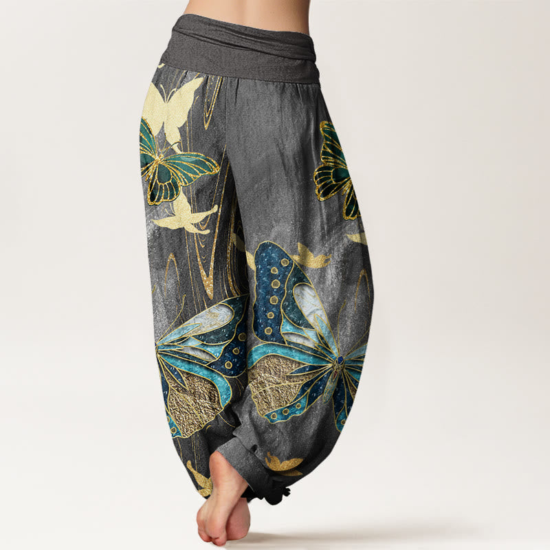 Cotton Casual Butterfly Gold Line Pattern Women's Elastic Waist Harem Pants