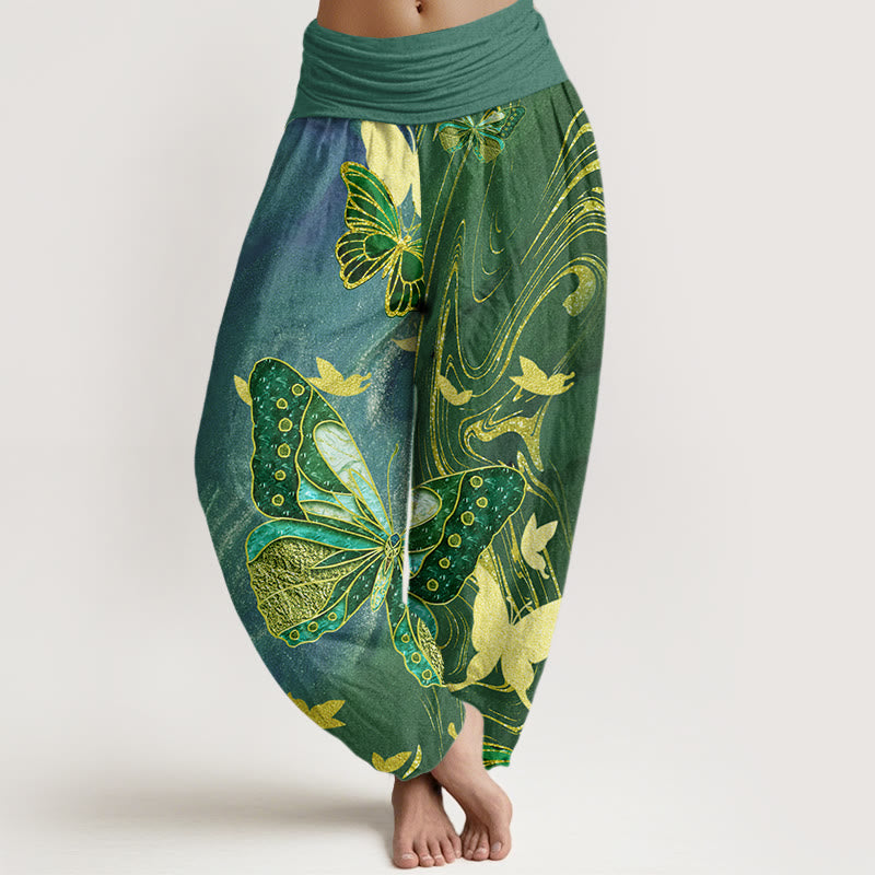 Cotton Casual Butterfly Gold Line Pattern Women's Elastic Waist Harem Pants
