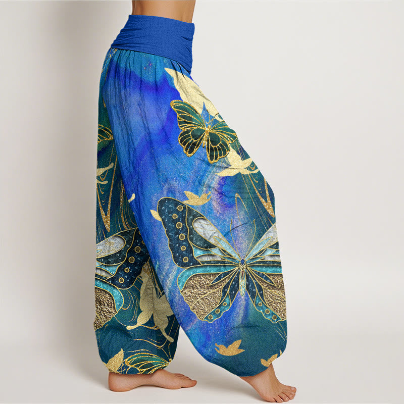 Cotton Casual Butterfly Gold Line Pattern Women's Elastic Waist Harem Pants