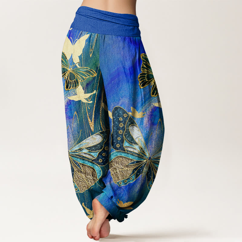 Cotton Casual Butterfly Gold Line Pattern Women's Elastic Waist Harem Pants