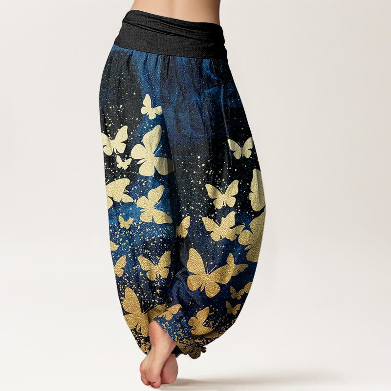 Cotton Casual Golden Butterfly Pattern Women's Elastic Waist Harem Pants