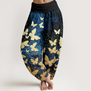 Cotton Casual Golden Butterfly Pattern Women's Elastic Waist Harem Pants
