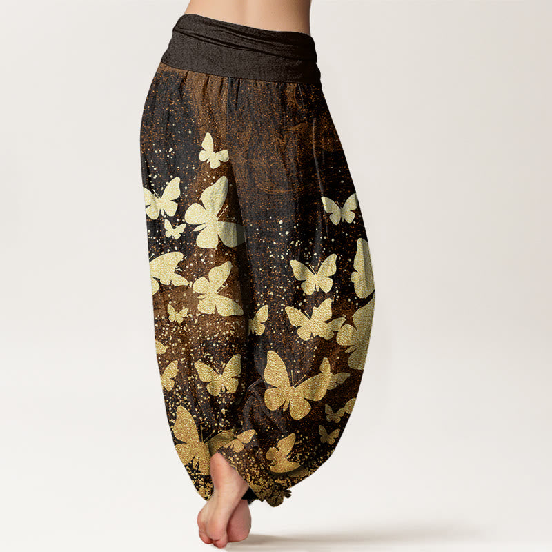 Cotton Casual Golden Butterfly Pattern Women's Elastic Waist Harem Pants