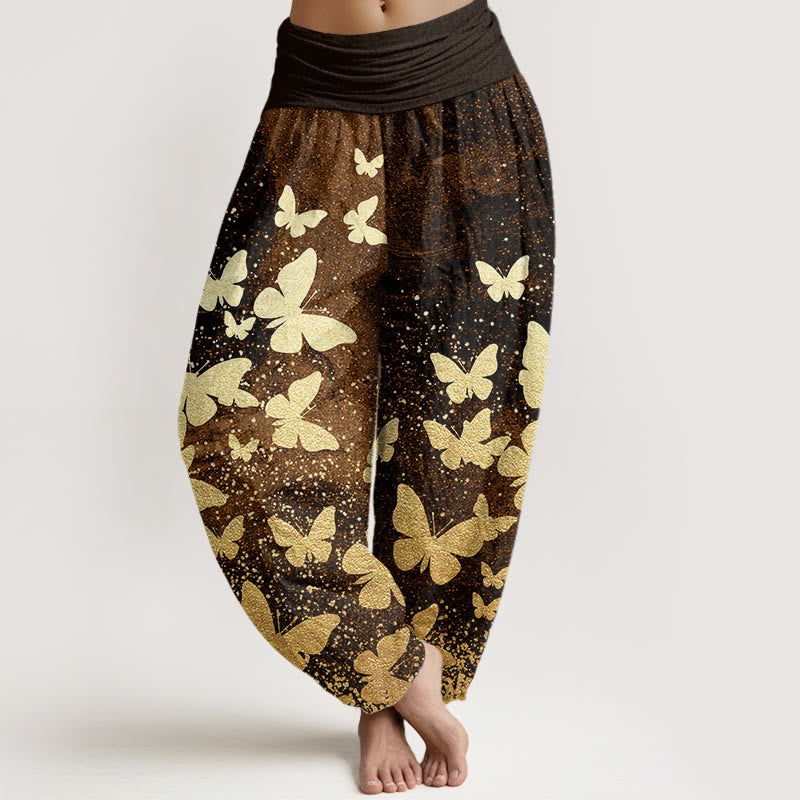 Cotton Casual Golden Butterfly Pattern Women's Elastic Waist Harem Pants