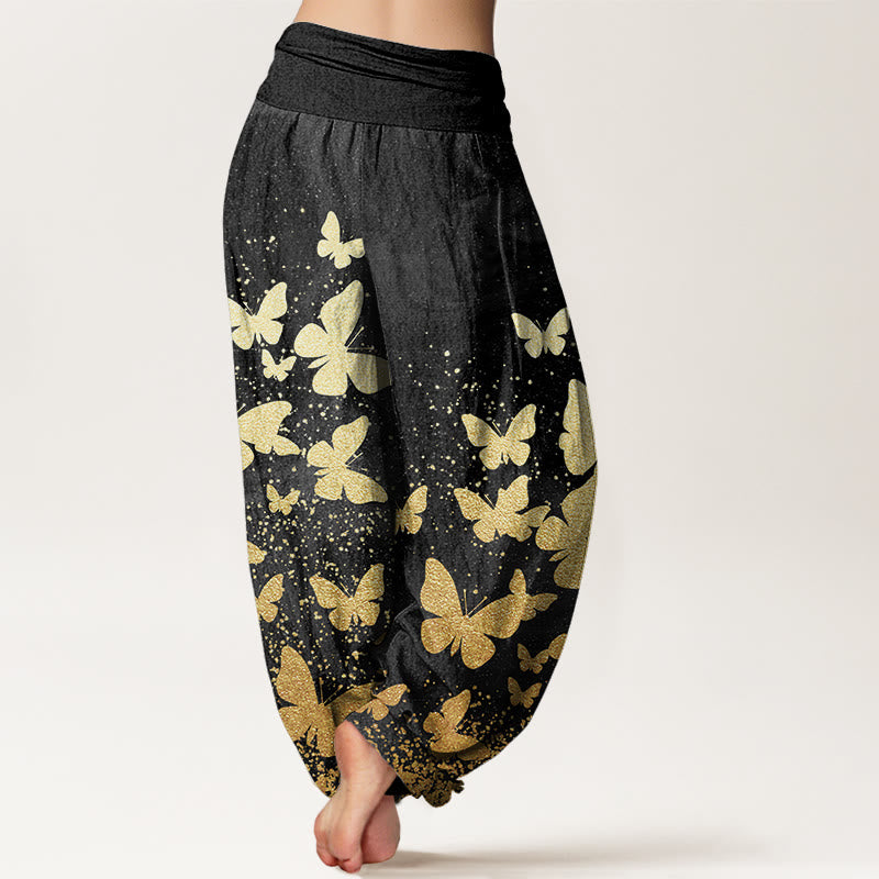 Cotton Casual Golden Butterfly Pattern Women's Elastic Waist Harem Pants