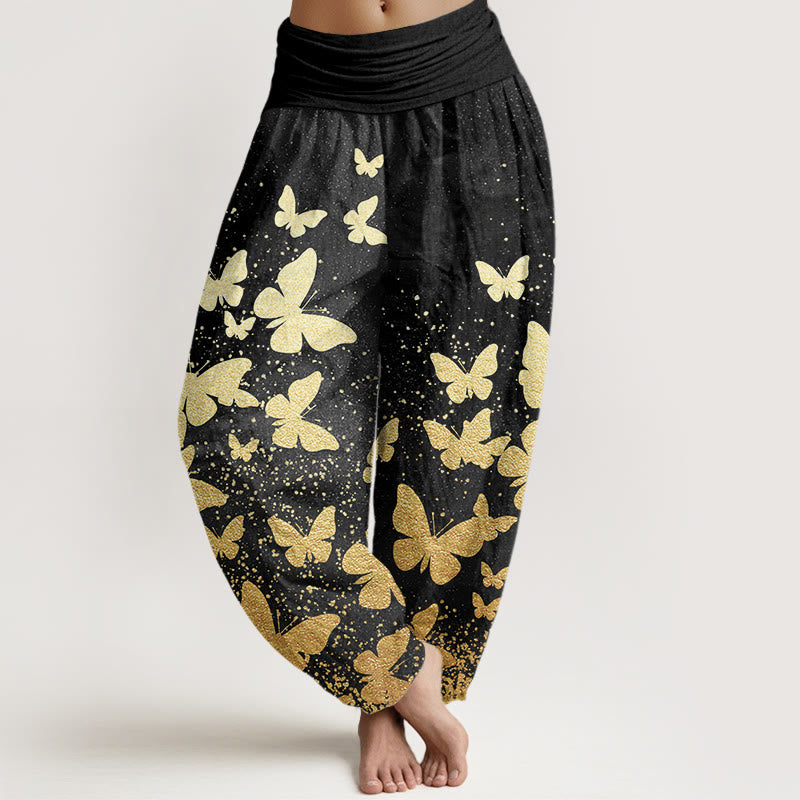 Cotton Casual Golden Butterfly Pattern Women's Elastic Waist Harem Pants