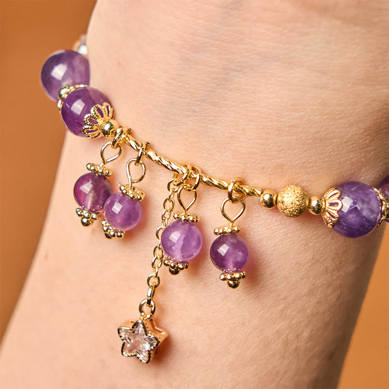 Natural Amethyst & Copper Four-Leaf Clover Star Peace Charm Bracelet